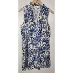 Eliza J Women's Sz. 10 Blue & White LInen Button Up Floral Sleeveless Dress